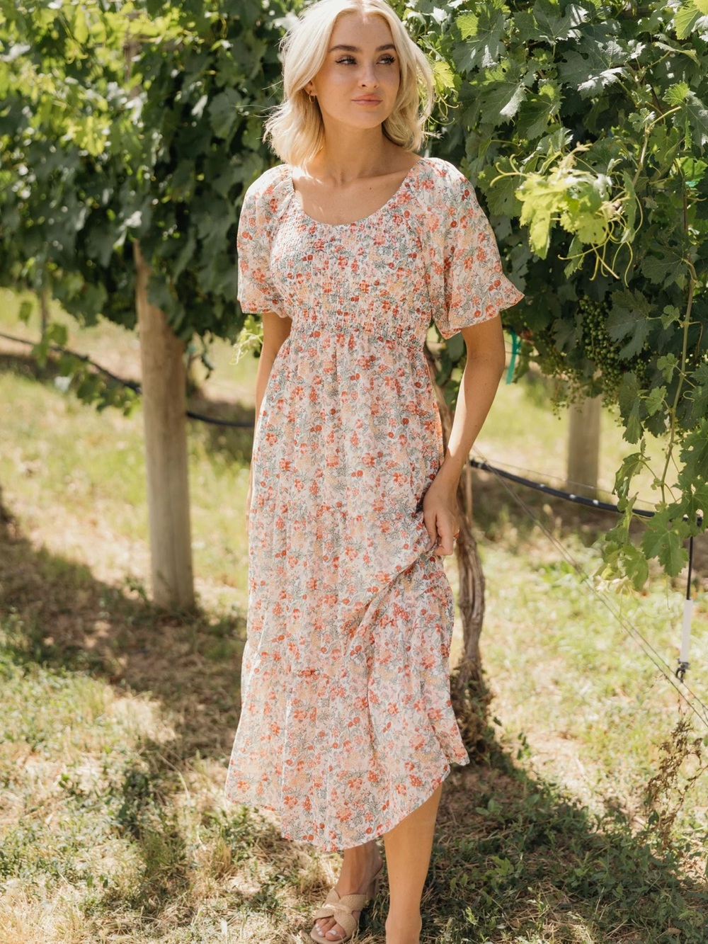 Floral Puff-Sleeve Dress in Peach